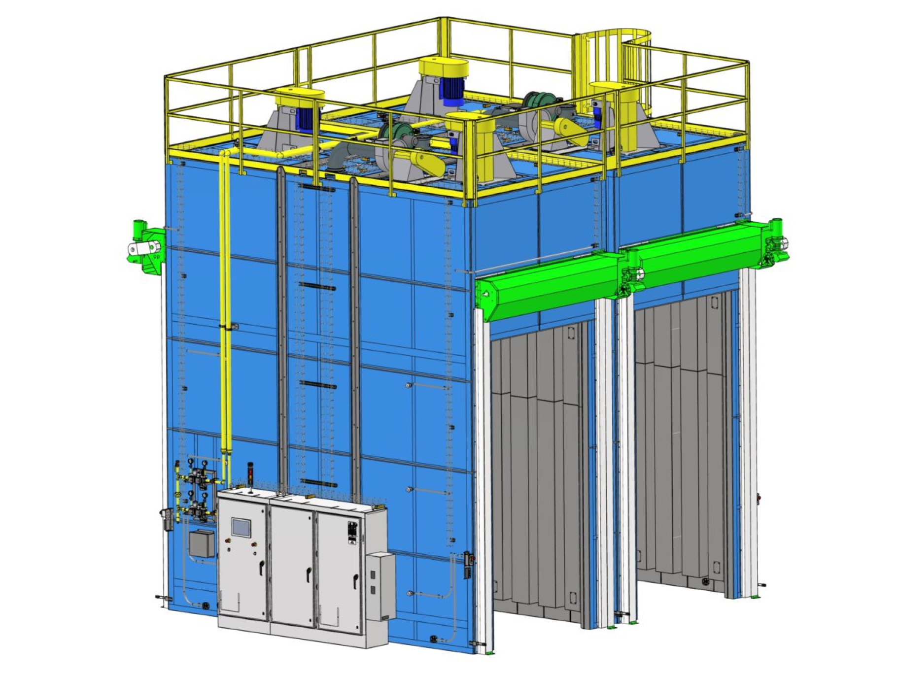 3D rendering of the DTI-1478 Annealing Batch Oven, showing a front and side view of the large, blue, rectangular industrial structure. The oven features green horizontal mechanisms on both sides and a series of control panels at the base. The top section is enclosed by yellow safety railings and contains various mechanical components, including motors and ducts. The front of the oven has two large, vertically sliding doors, indicating its capacity to process extruded HDPE tubes and molded domes.