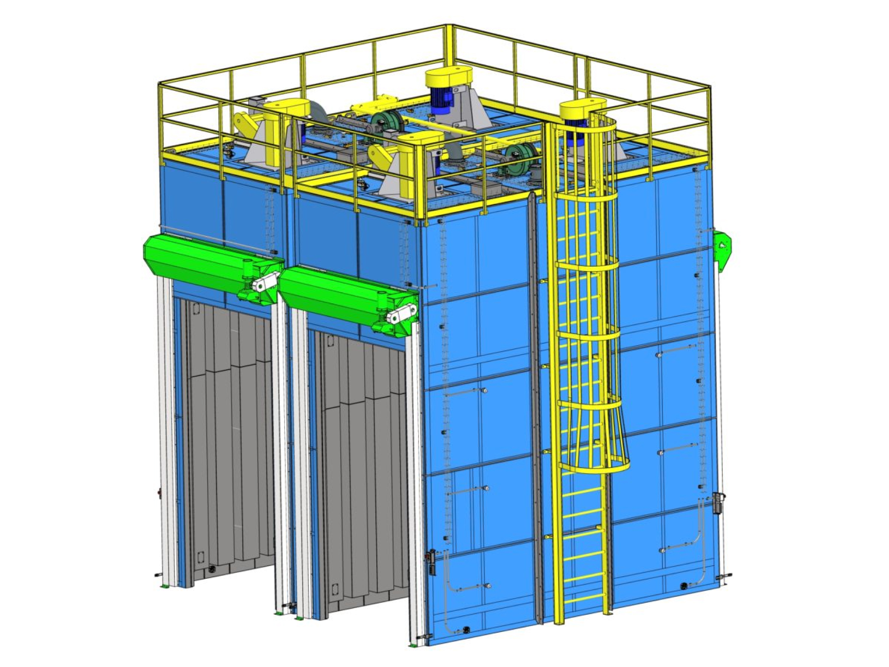 3D rendering of the DTI-1478 Annealing Batch Oven, showing a tall, rectangular, industrial structure with blue walls and green horizontal mechanisms on the sides. The top section is equipped with yellow safety railings and various mechanical components, including motors and fans. A yellow ladder runs along one side, providing access to the roof area. The oven has large, vertically-oriented doors on the front, designed for processing extruded HDPE tubes and molded domes.