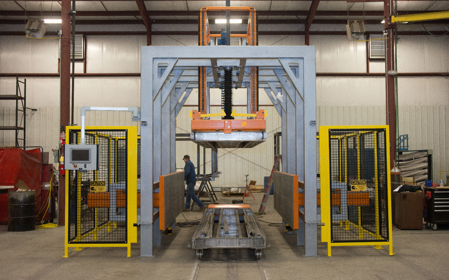 A honeycomb composite block press.